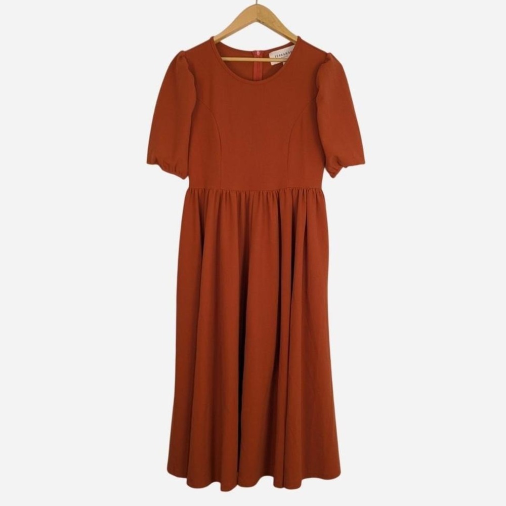 Jessakae Collection Rust Puff Sleeve Gathered Midi Dress Medium